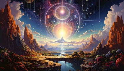 A breathtaking vista of a fantastical landscape merging with a vibrant cosmic scene, featuring towering, reddish-brown mountains, a serene valley, and a celestial realm above.