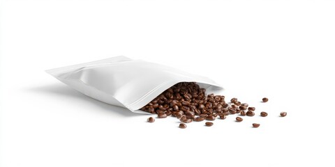 Freshly Roasted Coffee Beans Overflowing from a White Packaging Bag Against a Clean White Background