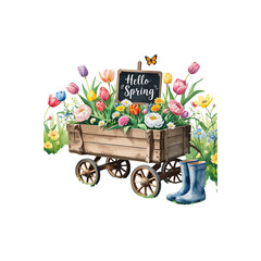 cart with flowers , wheelbarrow , tulips , flowers  , butterflies and boots , spring themed image 