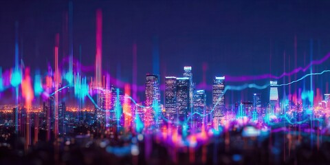 Vibrant City Skyline with Abstract Digital Data Visualization in Night Scene, Illuminated Skyscrapers and Colorful Graph Lines