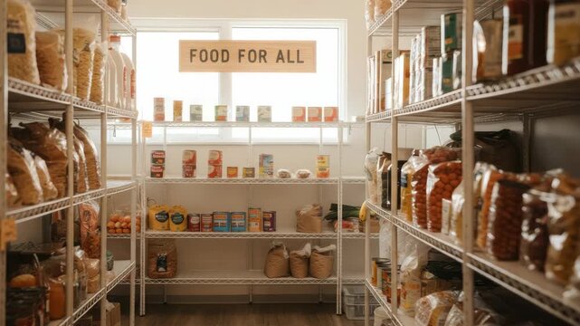 Well-stocked food pantry with various groceries on metal shelves, promoting accessibility
