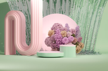 3D podium display, blue pink background with hydrangeas flower and vintage frame. Peonies flower, rose, tulip leaf. Minimal pedestal for beauty, product. Feminine copy space template 3d render	