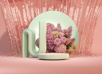 3D podium display, blue pink background with hydrangeas flower and vintage frame. Peonies flower, rose, tulip leaf. Minimal pedestal for beauty, product. Feminine copy space template 3d render	