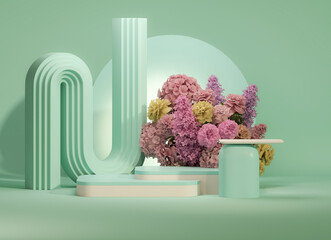 3D podium display, blue pink background with hydrangeas flower and vintage frame. Peonies flower, rose, tulip leaf. Minimal pedestal for beauty, product. Feminine copy space template 3d render	
