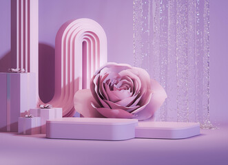 3D podium display, blue pink background with hydrangeas flower and vintage frame. Peonies flower, rose, tulip leaf. Minimal pedestal for beauty, product. Feminine copy space template 3d render	