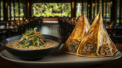 Delicious gourmet dish featuring crispy tacos, savory stew and fresh vegetable salad in elegant restaurant setting with warm ambient lighting