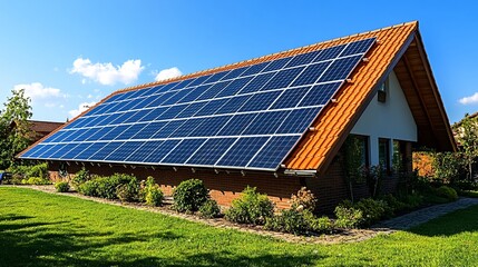 Residential House with Solar Panels on Red Tile Roofed Structure Exterior View During Daylight Hours With Green Grass Lawn And Bright Sun At Daytime With Blue Solar Panels And Brick House And Other