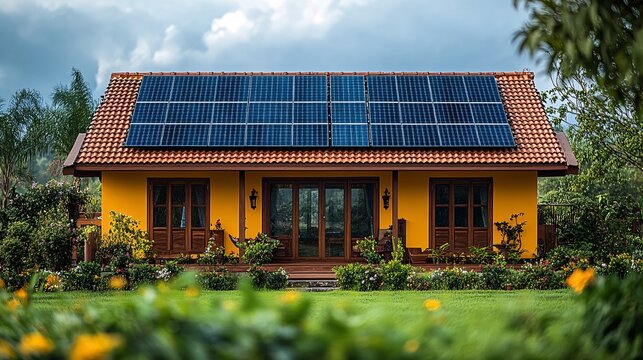 Residential Home With Solar Panels On A Roof In A Garden Setting With Greenery. And Sunny Daytime Scene. Architecture And Nature Theme. Green House With Brown Roof. Exterior House View. Home Exterior