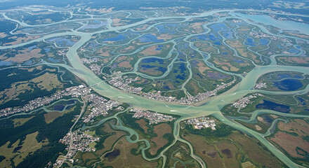 Aerial View of Winding River Delta Landscape with Coastal Town