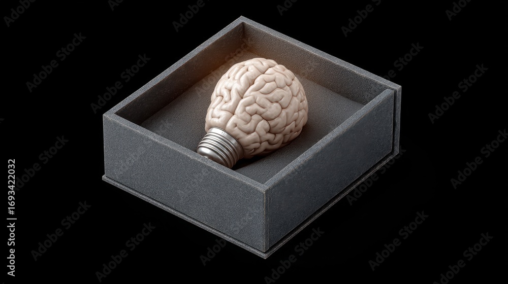 Poster creative and innovative concept of brain idea in light bulb form resting inside a soft box on a dark