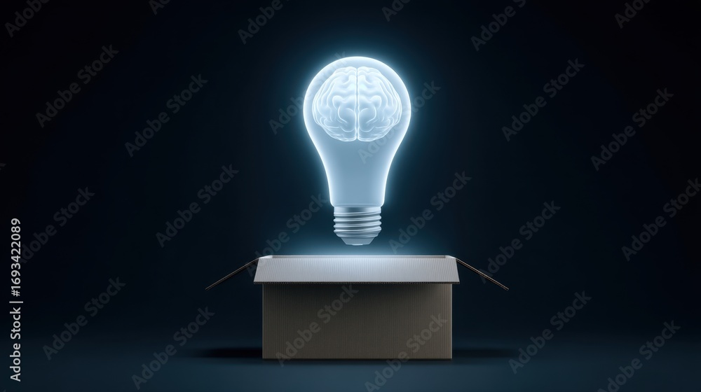 Poster innovative concept of a light bulb with a brain inside emerging from a cardboard box representing cr