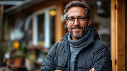 Fototapeta premium Smiling Middle Aged Man In Casual Jacket Outdoor Portrait