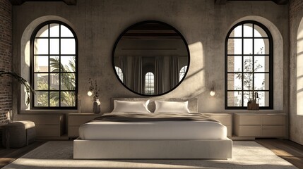 Luxurious bedroom with large windows, mirror, and minimalist design. Natural light floods the space