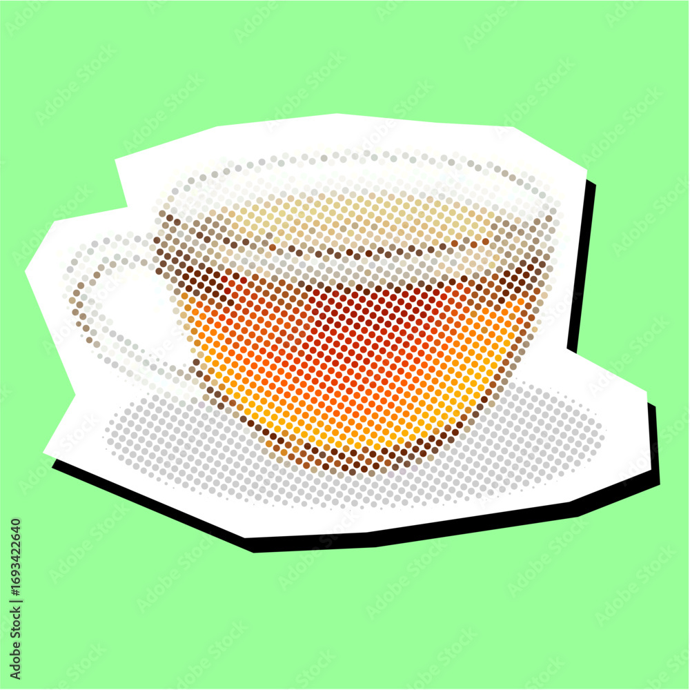 Poster cup of tea halftone dotted collage element pointillize in paper torn vector. a unique design for caf
