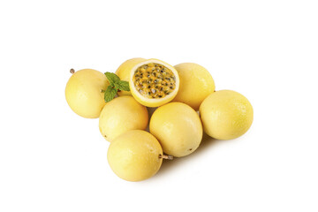 Fresh Golden Passion Fruits with Seeds on White Background