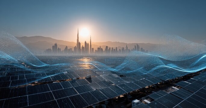 Cityscape with solar panels and digital network