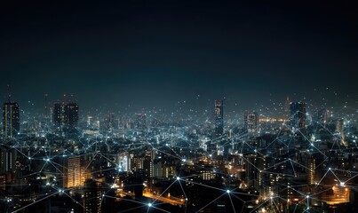Night cityscape with interconnected network