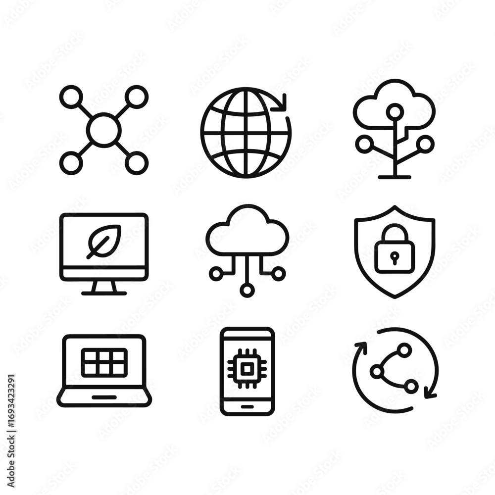 Poster system integration digital icons set. outline symbols. line design