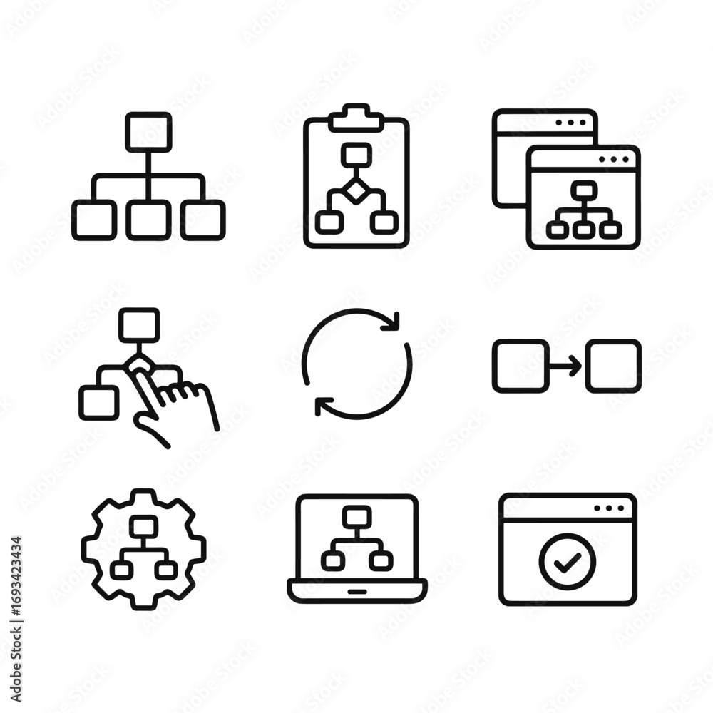 Poster business workflow automation icons collection. outline symbols. line design