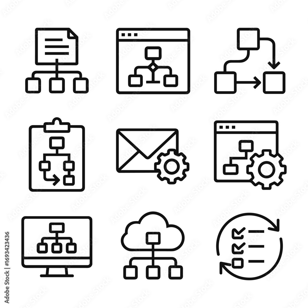 Aufkleber digital workflow process icons vector set. outline symbols. line design
