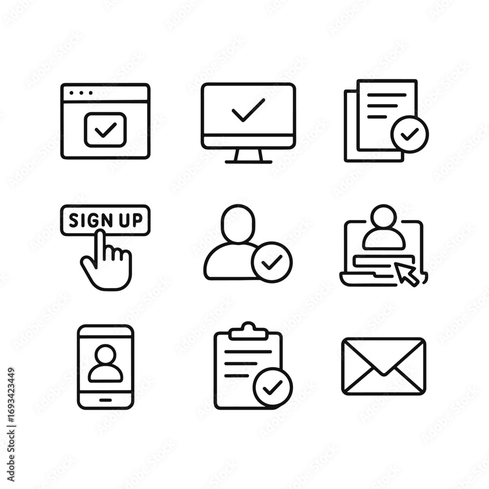 Poster account creation process vector icons. outline symbols. line design