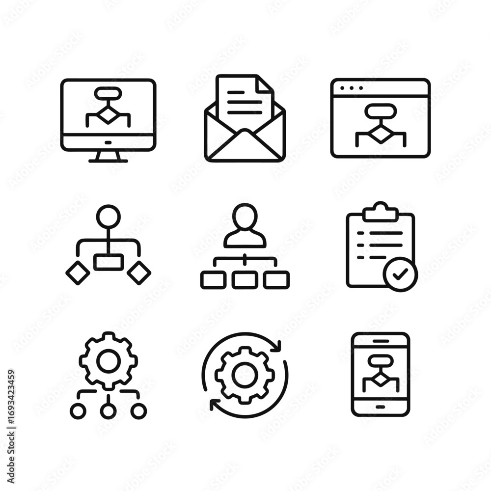 Poster digital workflow process icons set. outline symbols. line design