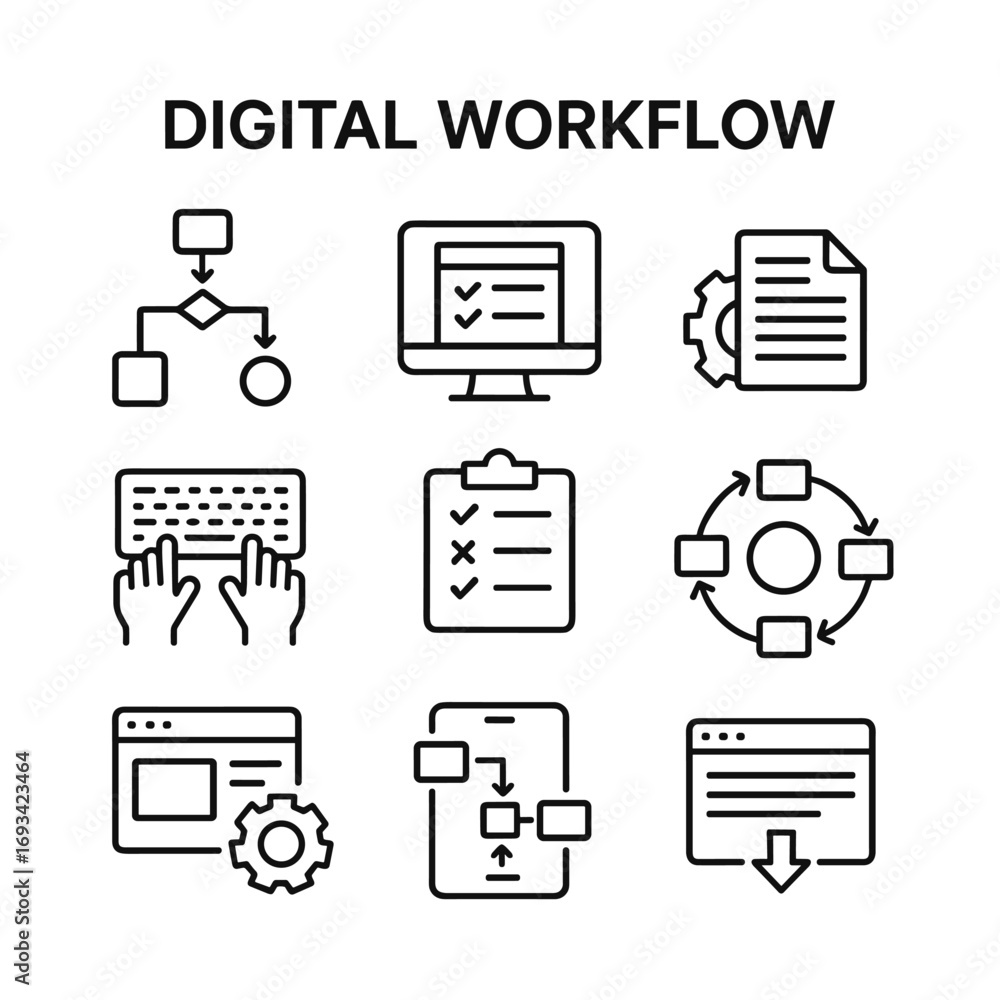 Poster digital workflow system icons bundle. outline symbols. line design