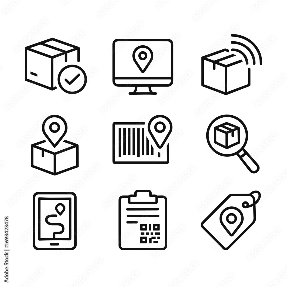 Poster asset tracking system icons collection. outline symbols. line design