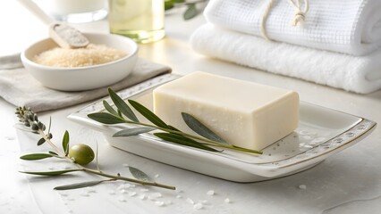 Minimal Soap Display. Clean bar soap with olive leaf on white dish, soft diffused lighting.