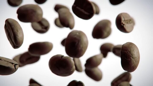 coffee beans floating in slow motion with a minimalist white background