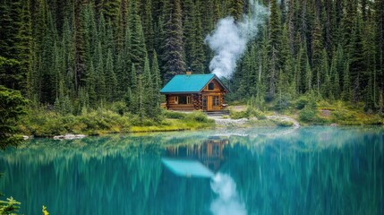 Secluded wooden cabin retreat reflecting on tranquil turquoise lake waterscape