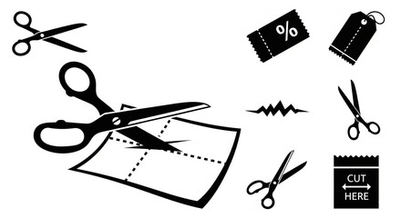 Set of Black Scissors Icons and Cut Here Symbols, Voucher, Coupon, Discount Concept on Isolated transparent background