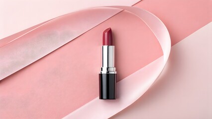Minimal Lipstick Ad. Single lipstick tube on light pink background, modern minimalist display.
