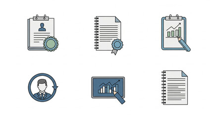 Business and HR Icons Set with Data Analysis, Employee Profile, and Document Management on Isolated transparent background.