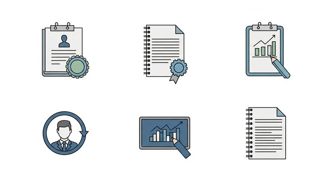 Business and HR Icons Set with Data Analysis, Employee Profile, and Document Management on Isolated transparent background.