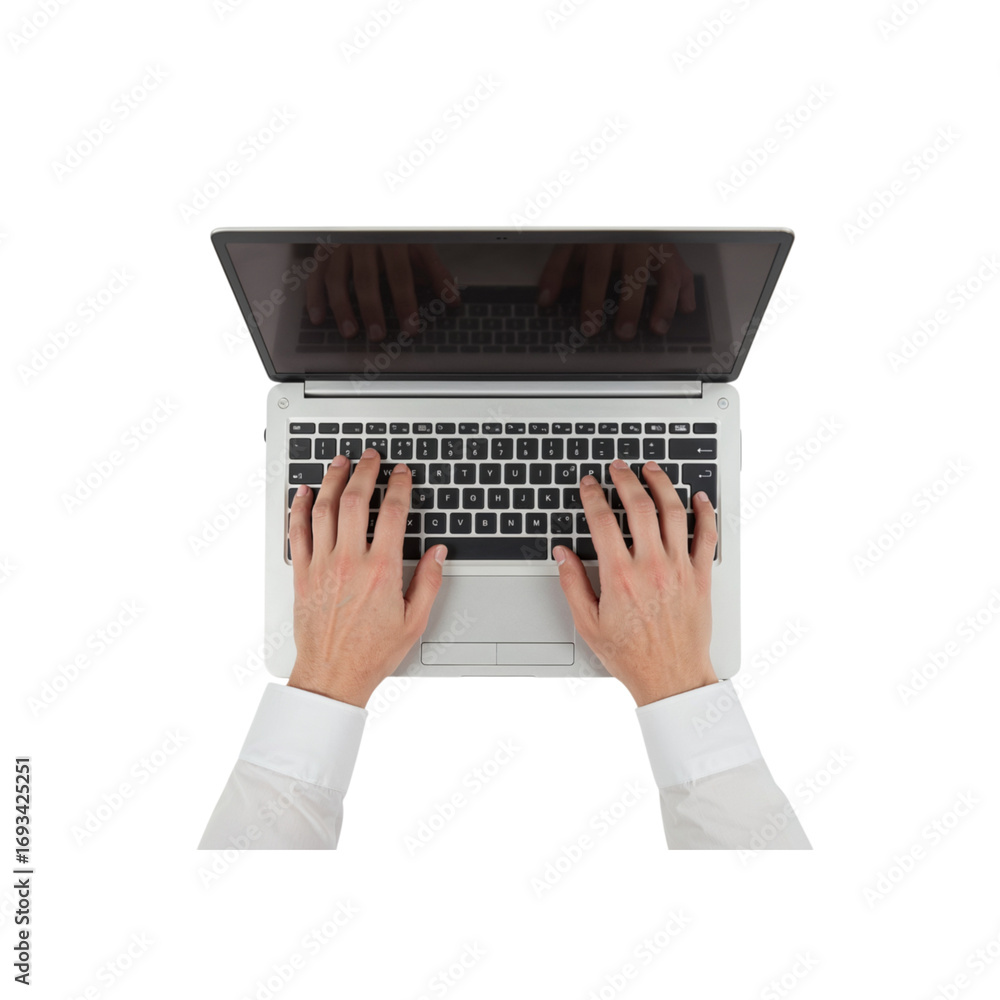 Poster close-up overhead view of hands typing on a laptop keyboard working from home or office environment 