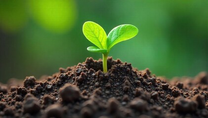 Close-up shot of vibrant green shoots emerging from a sculpted, clay-like mold, illustrating the concept of nurturing life from a formed structure , soil, form, growth