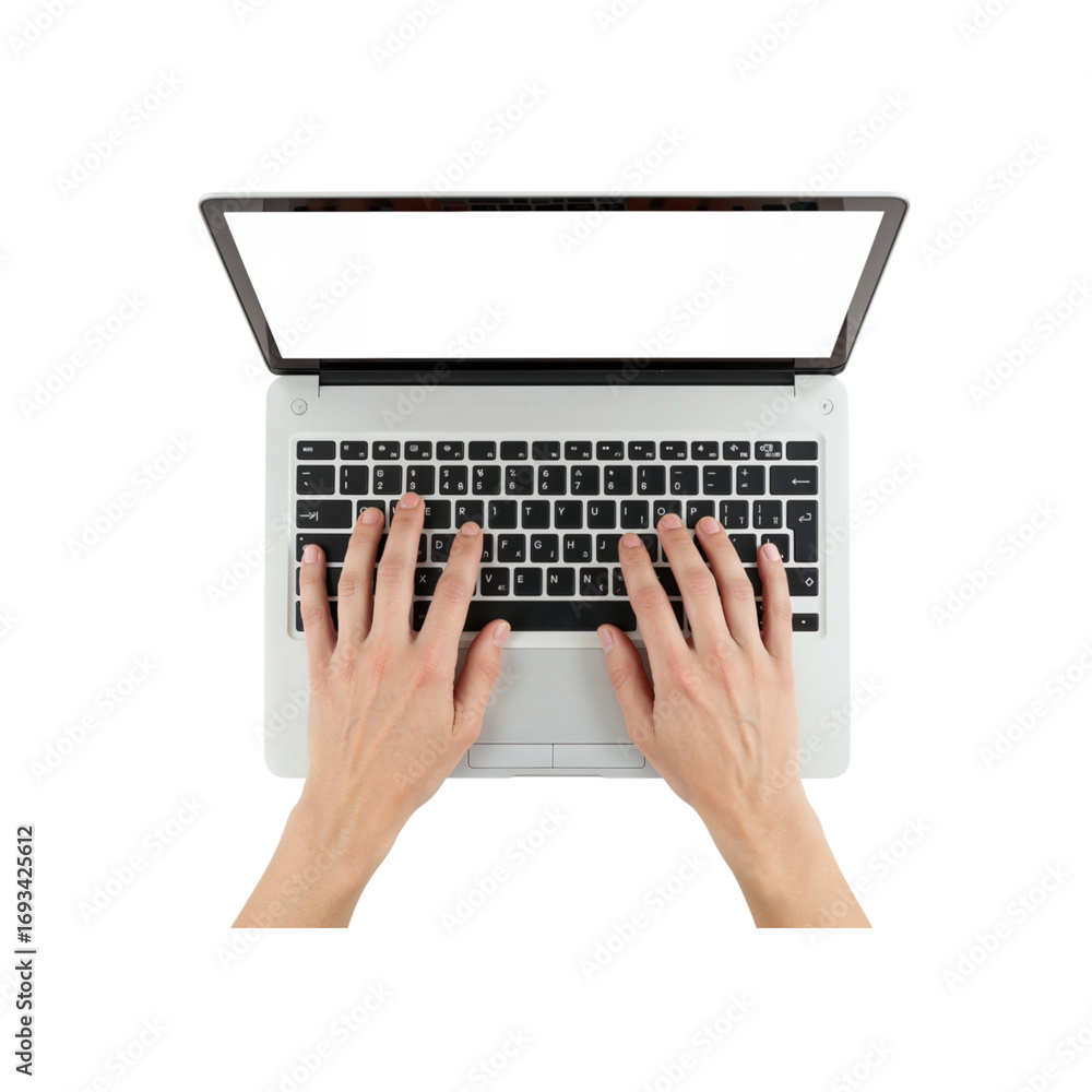 Poster overhead view of hands typing on a laptop keyboard promoting digital literacy and remote work transp