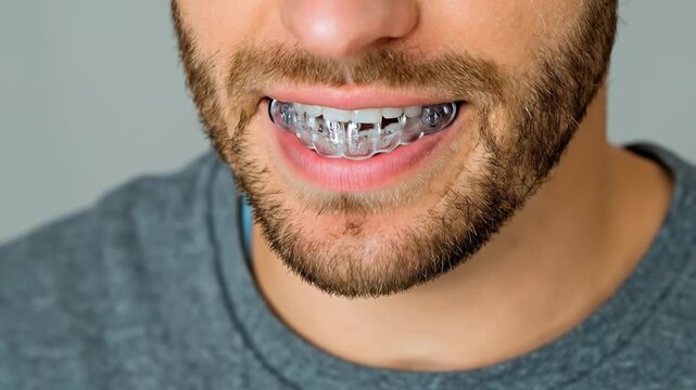 Closeup of a man with clear aligners on his teeth showing his beard and upper body