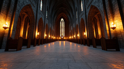 Fototapeta premium Majestic Gothic Cathedral Interior with Illuminated Aisle, Stained Glass Windows, and Atmospheric Lighting Creating a Serene Spiritual Ambiance