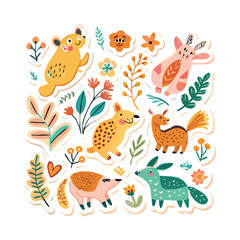 Obraz premium Folk-Art Watercolor Animal Sticker Sheet