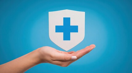 Hand holding medical shield icon on blue background with hexagons and cross symbols, symbolizing healthcare cybersecurity and corporate data protection