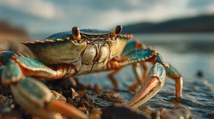 Majestic Blue Crab Posing Proudly on a Rocky Shoreline at Sunset