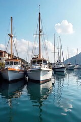 Fototapeta premium Several sturdy anchor boats bob gently in a calm harbor, their anchors deployed, ready for any weather The scene depicts tranquility and maritime preparedness , nautical, anchorage