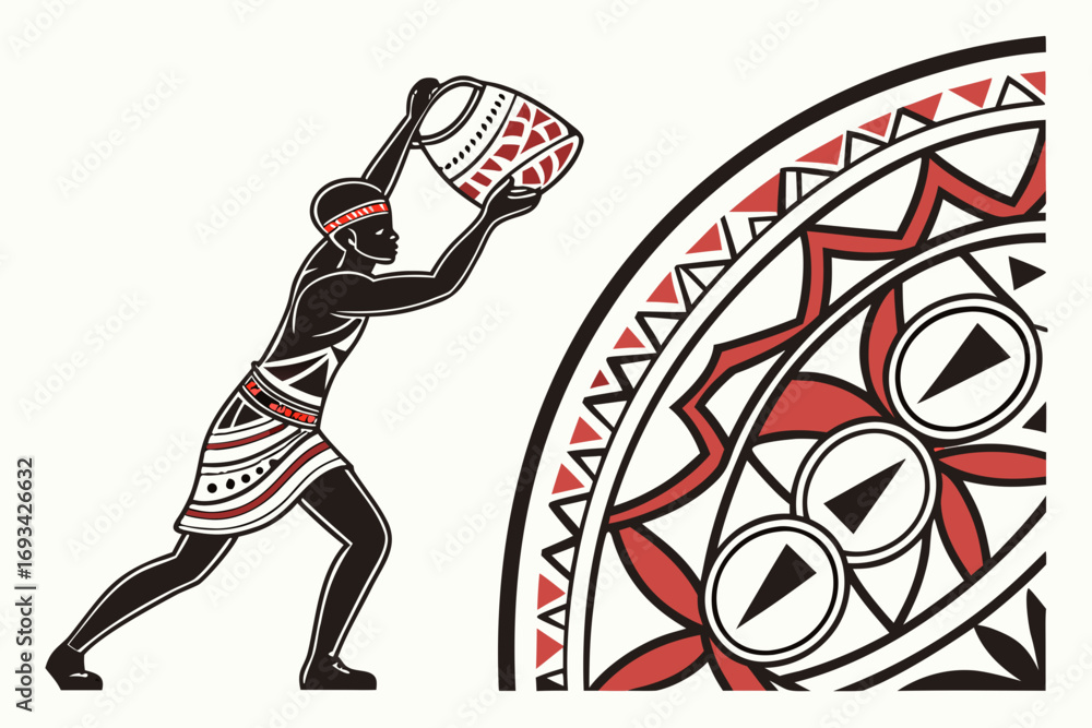 Poster illustration of a man holding a patterned pot next to a decorative circular pattern design element