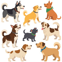 Set of cute cartoon dog in different breeds