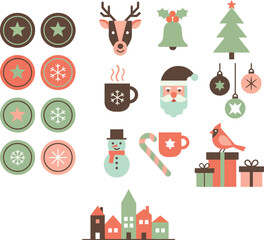 Christmas Holiday Icon Set with Reindeer, Santa, and Ornaments.