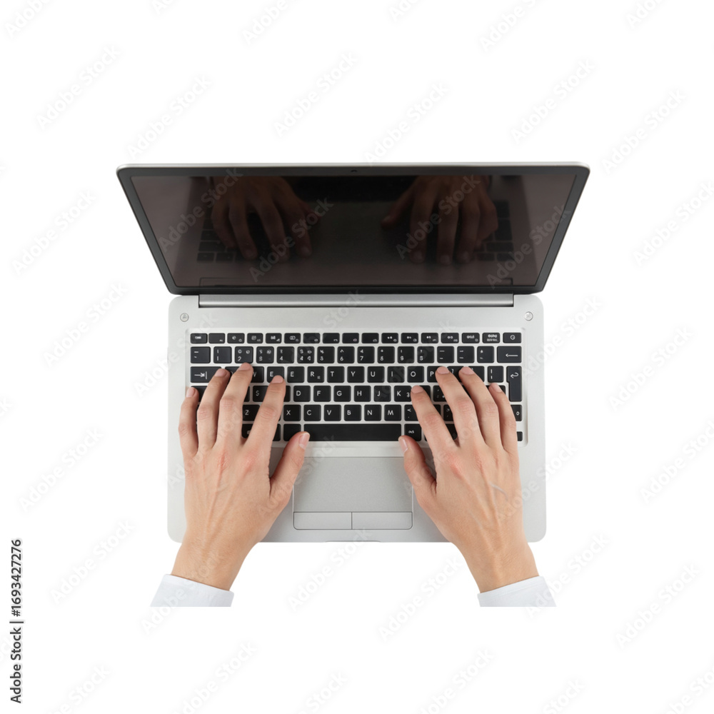 Poster overhead view of person typing on laptop keyboard with hands visible focused on work or study transp