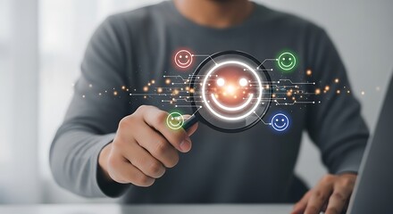 Magnifying glass over glowing happy face icon with surrounding emotion icons feedback