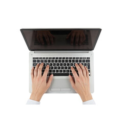 Overhead view of person typing on laptop keyboard with hands visible focused on work or study transparent background
